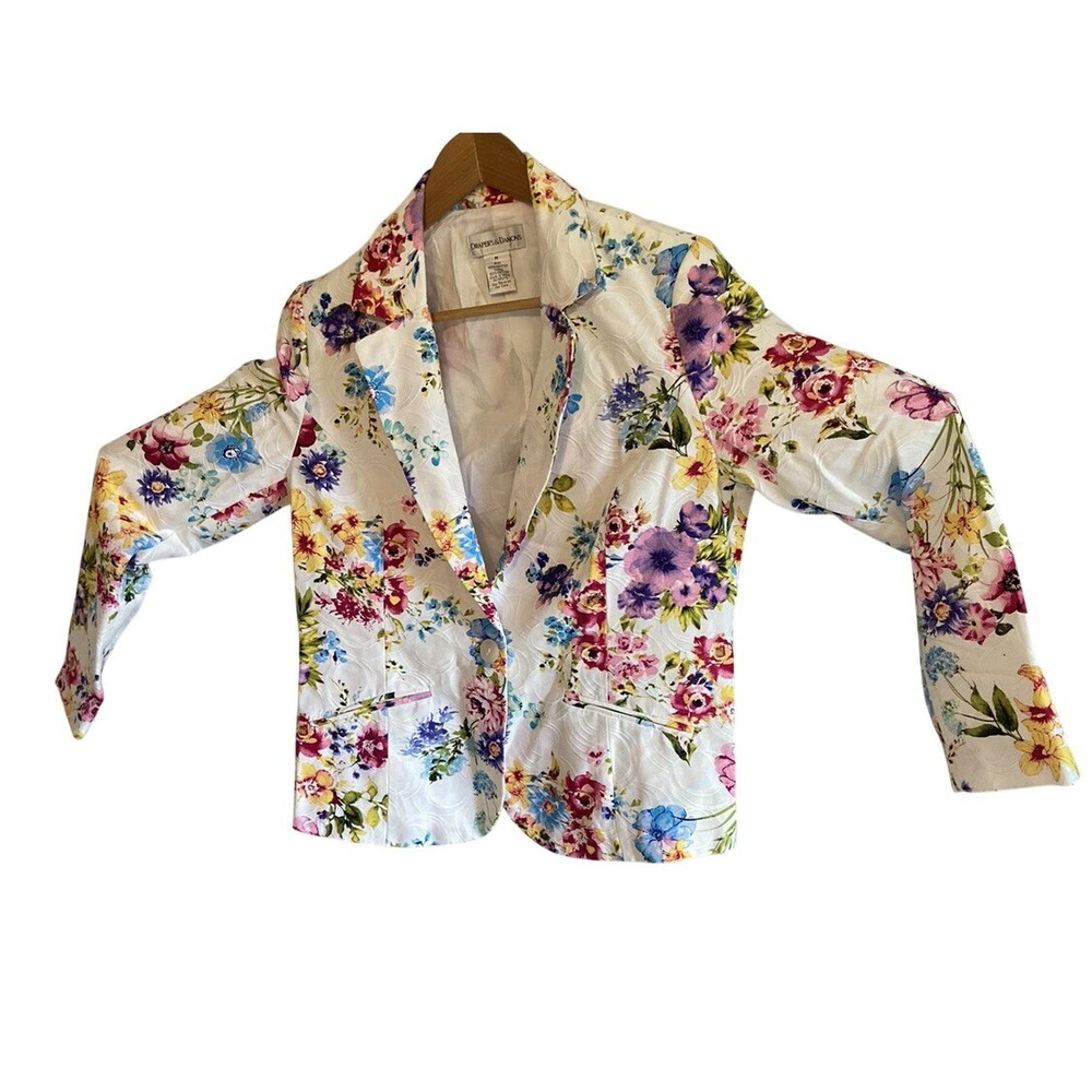 Drapers & Damons Womens Floral Blazer Jacket White Multi Color Textured Size M